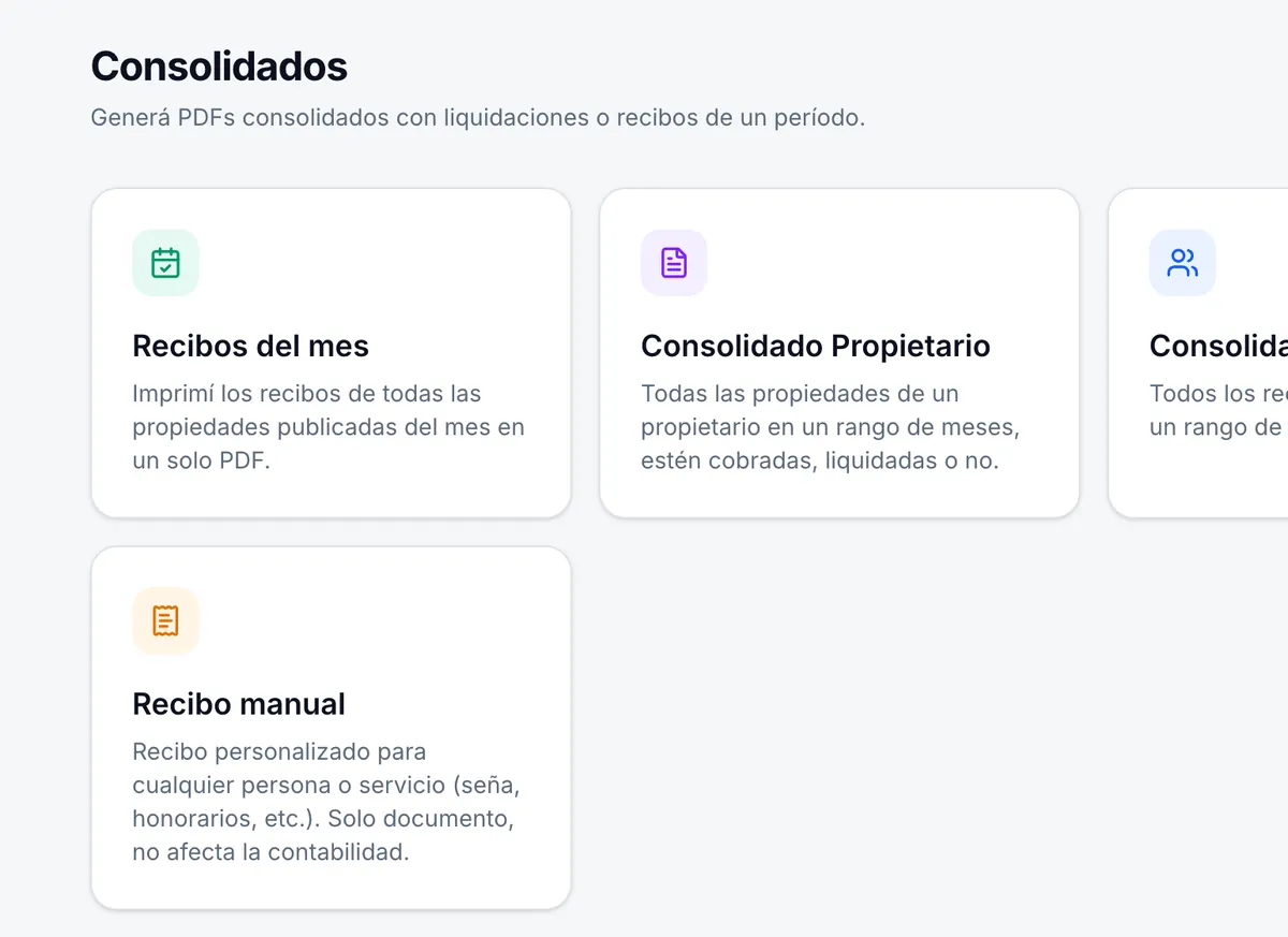 Consolidados: recibos del mes, resumen por propietario, por inquilino y recibo manual