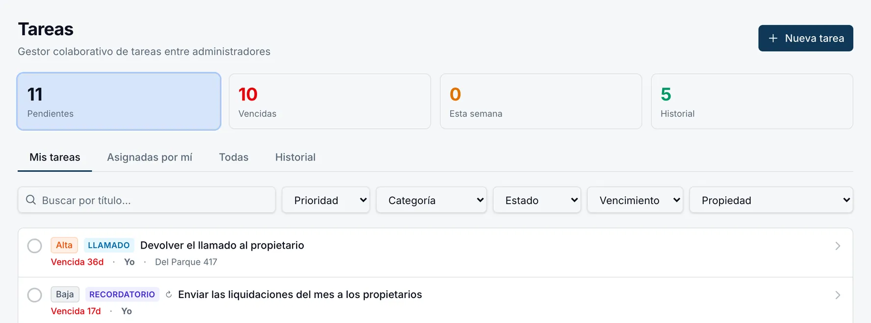 Tareas del equipo con prioridad, categoría y vencimiento