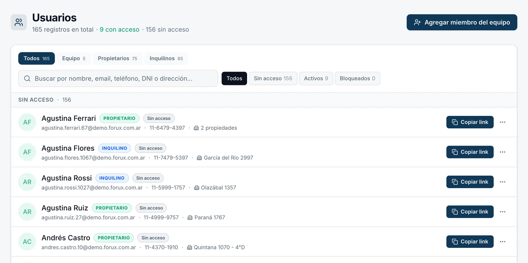 Usuarios: equipo, propietarios e inquilinos, con su acceso
