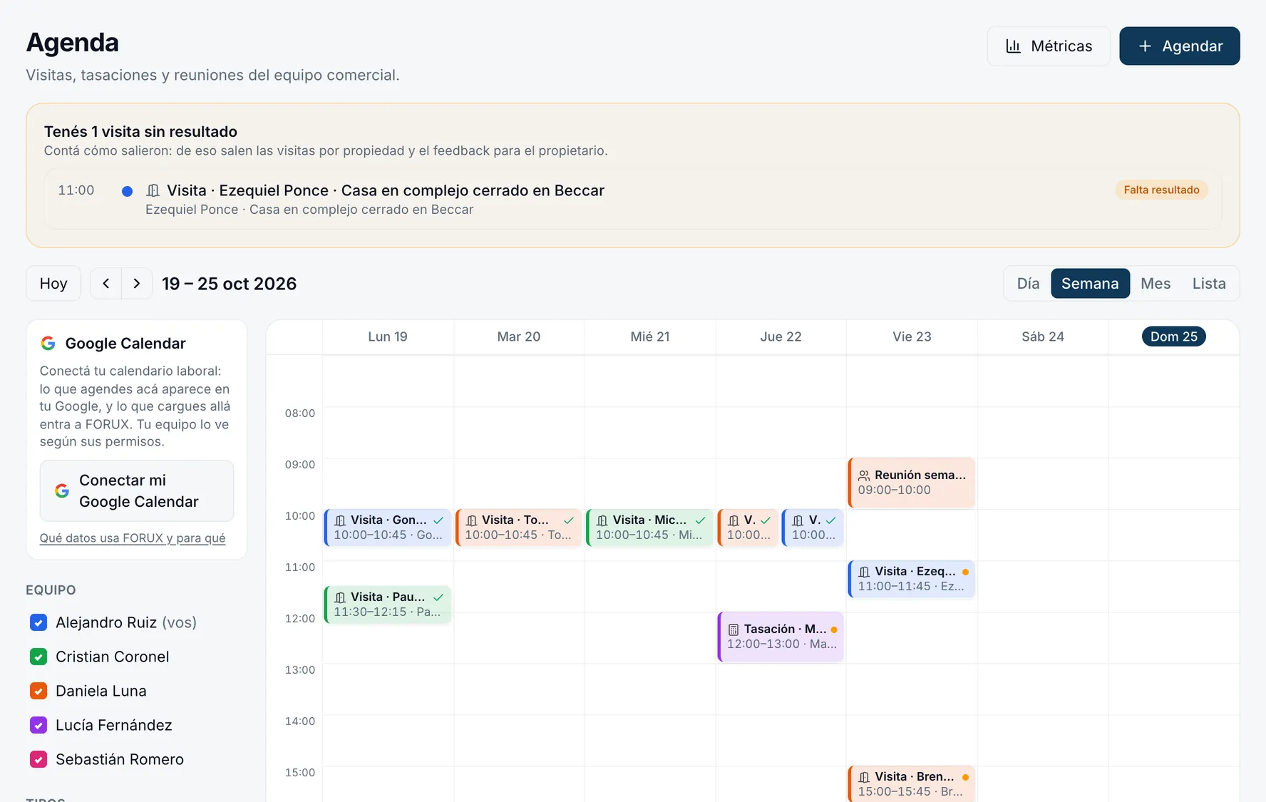 Agenda semanal del equipo comercial con visitas, tasaciones y reuniones, y la conexión con Google Calendar