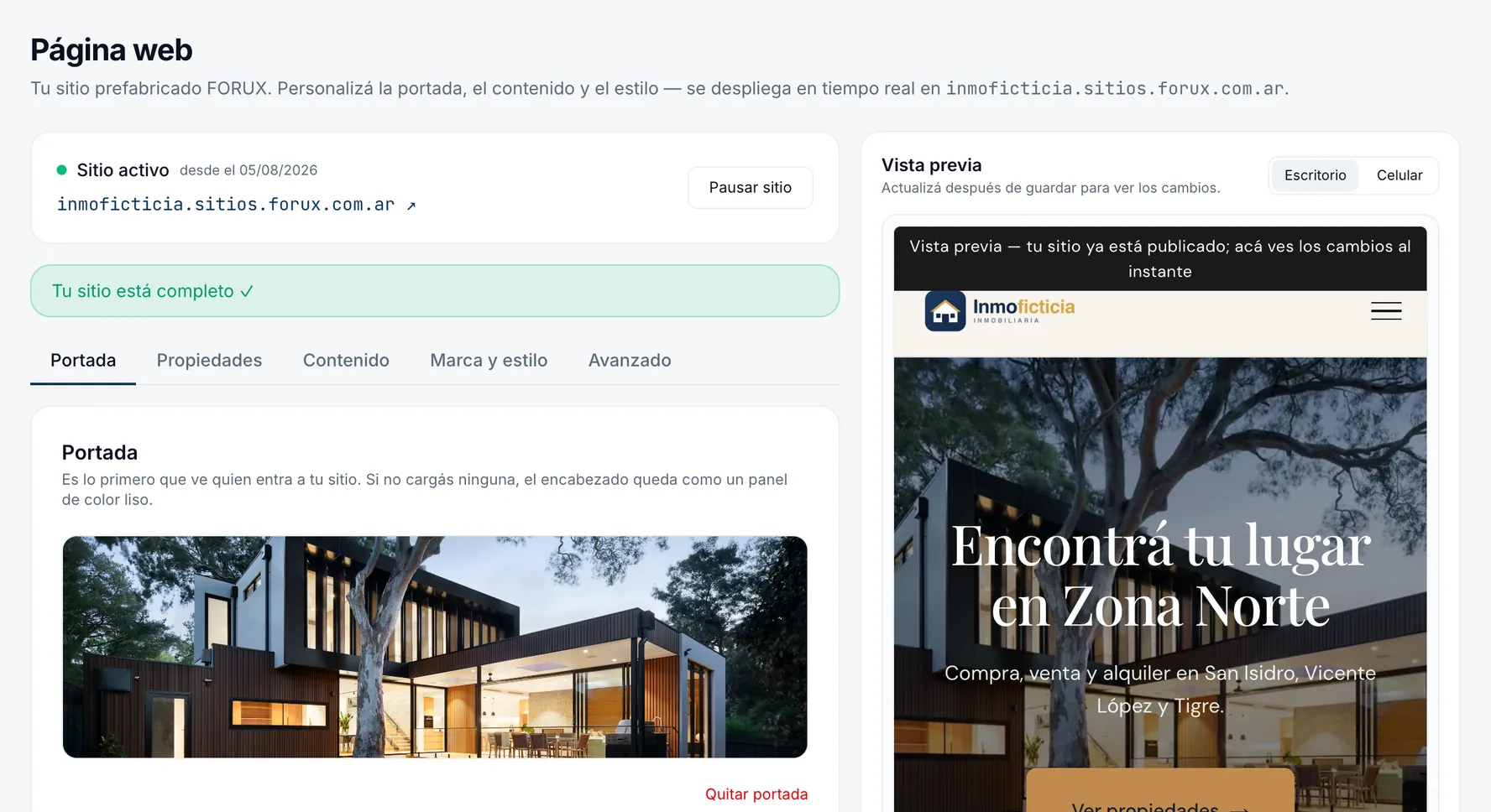 Configuración de la página web de la inmobiliaria con la vista previa en vivo