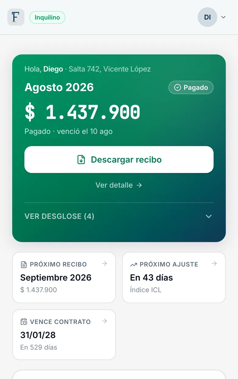 Portal del inquilino en el celular: el mes pagado, el recibo y el próximo ajuste por ICL