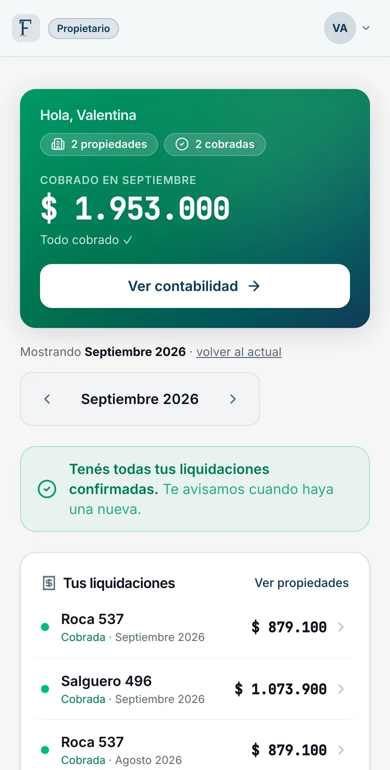 Portal del propietario en el celular: lo cobrado en septiembre y sus liquidaciones