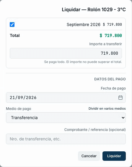 Liquidación de un mes al propietario, con el importe a transferir