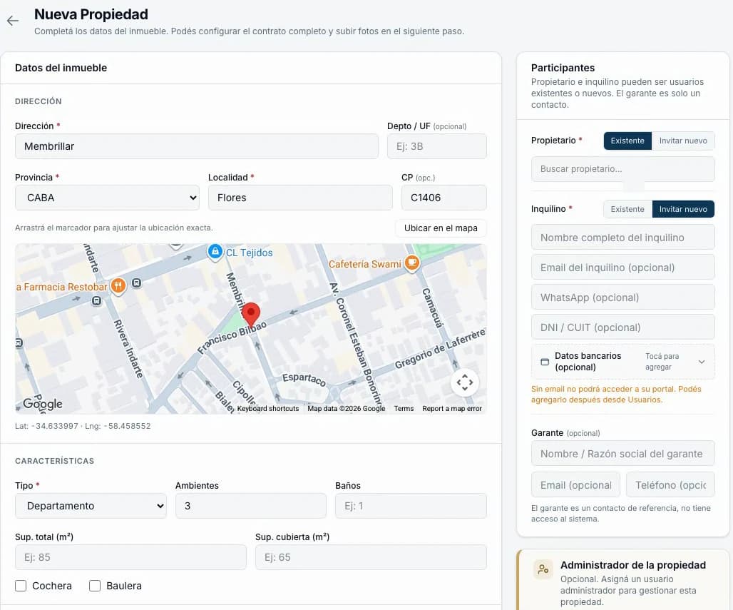 Alta de una propiedad en FORUX, con el mapa, el propietario y el inquilino