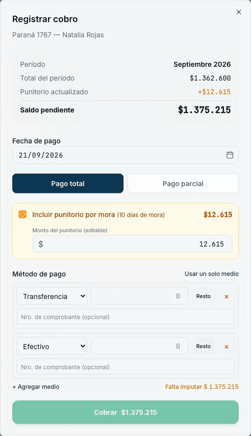 Registro de un cobro con el punitorio por 10 días de mora